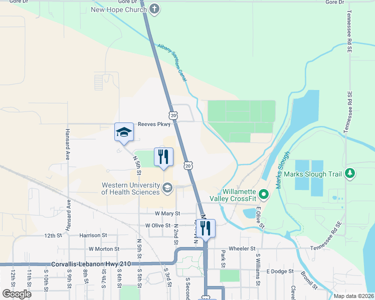 map of restaurants, bars, coffee shops, grocery stores, and more near 525 N Santiam Hwy in Lebanon