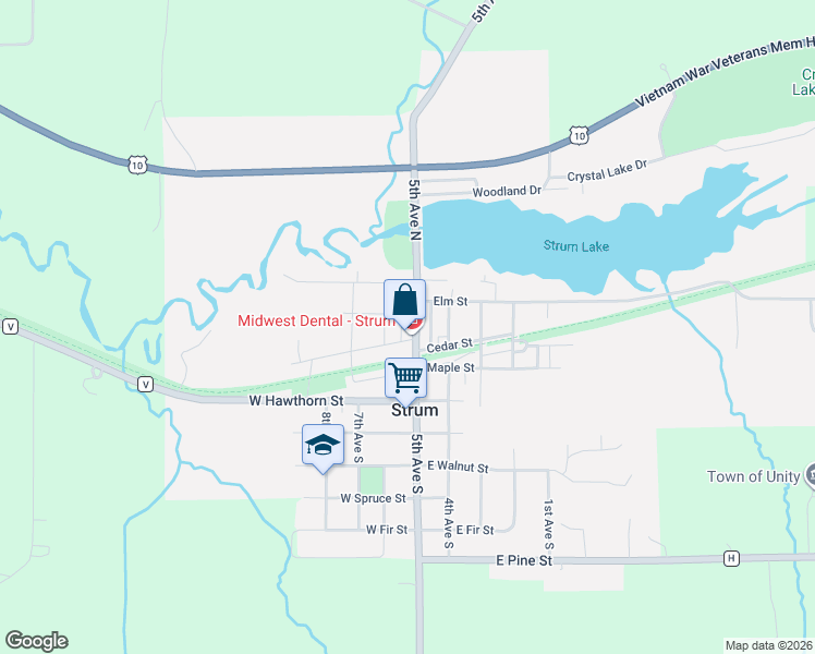 map of restaurants, bars, coffee shops, grocery stores, and more near 208 Birch Street in Strum