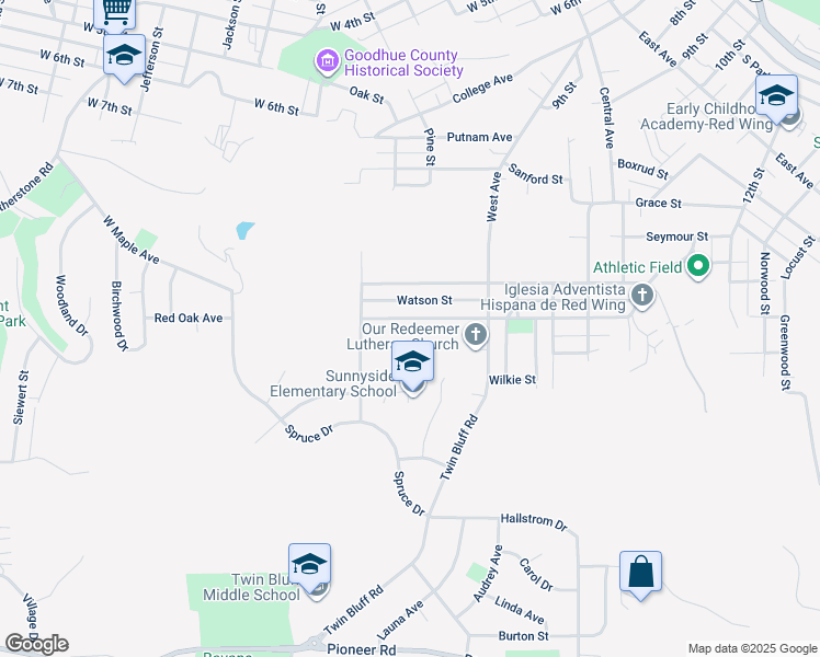 map of restaurants, bars, coffee shops, grocery stores, and more near 1123 Maple Street in Red Wing
