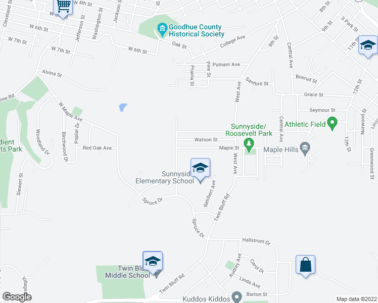 map of restaurants, bars, coffee shops, grocery stores, and more near 1145 Maple Street in Red Wing