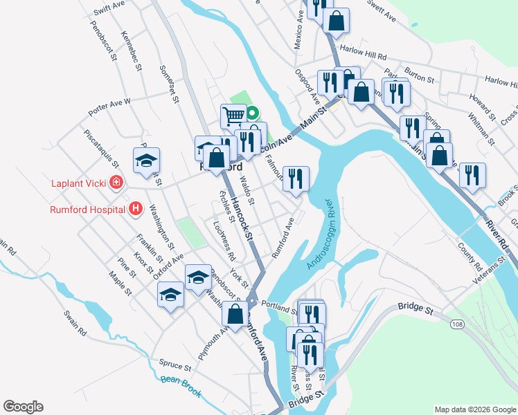 map of restaurants, bars, coffee shops, grocery stores, and more near 25 Oxford Avenue in Rumford