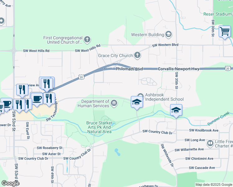 map of restaurants, bars, coffee shops, grocery stores, and more near 4170 Southwest Research Way in Corvallis