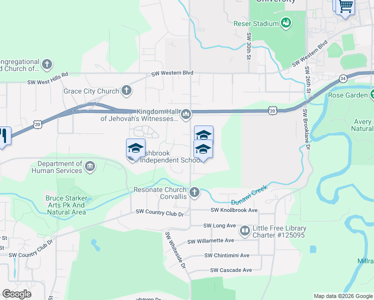 map of restaurants, bars, coffee shops, grocery stores, and more near 3550 Southwest Par Place in Corvallis