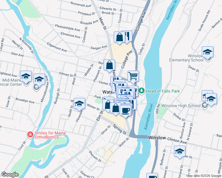 map of restaurants, bars, coffee shops, grocery stores, and more near in Waterville