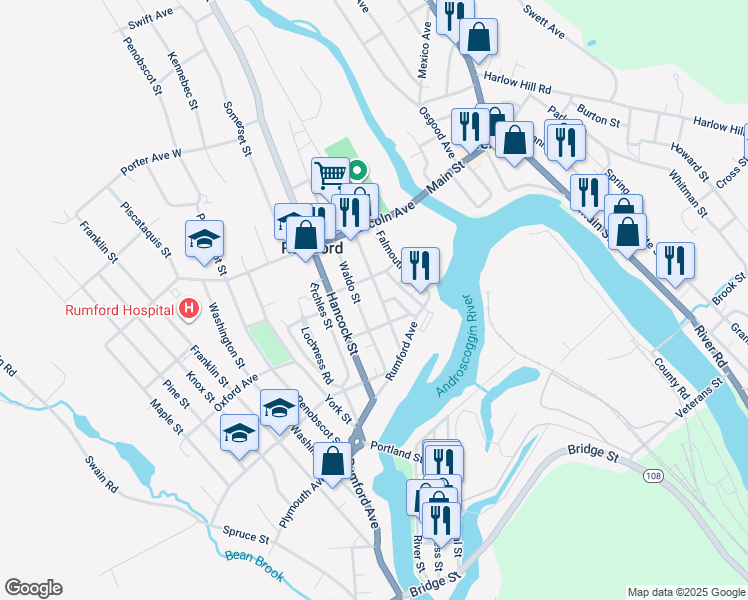 map of restaurants, bars, coffee shops, grocery stores, and more near 65 Essex Avenue in Rumford