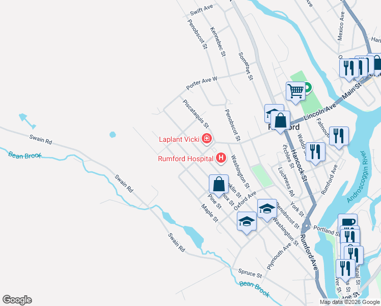 map of restaurants, bars, coffee shops, grocery stores, and more near 522 Franklin Street in Rumford