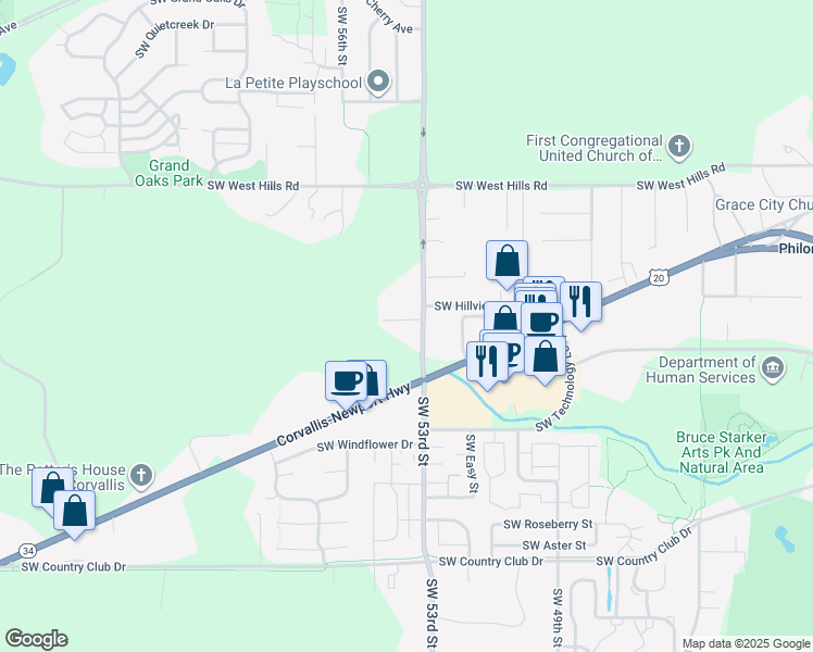 map of restaurants, bars, coffee shops, grocery stores, and more near 1206 Southwest 53rd Street in Corvallis