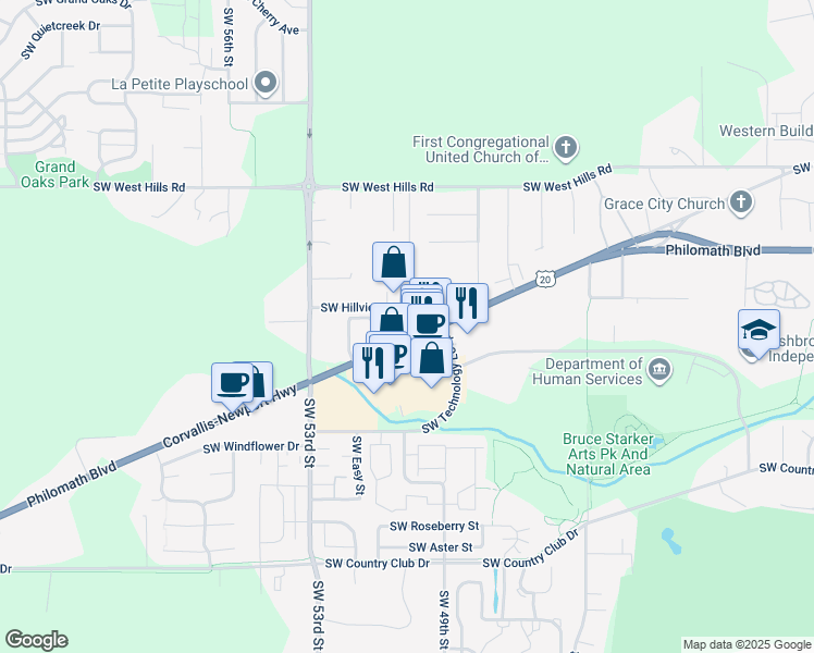 map of restaurants, bars, coffee shops, grocery stores, and more near 4935 Philomath Boulevard in Corvallis