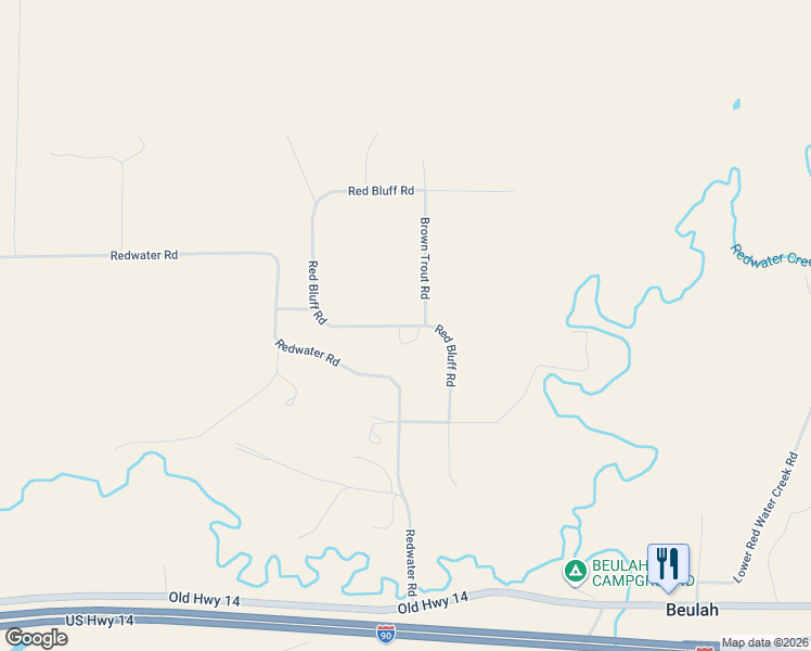 map of restaurants, bars, coffee shops, grocery stores, and more near Red Bluff Road in Beulah