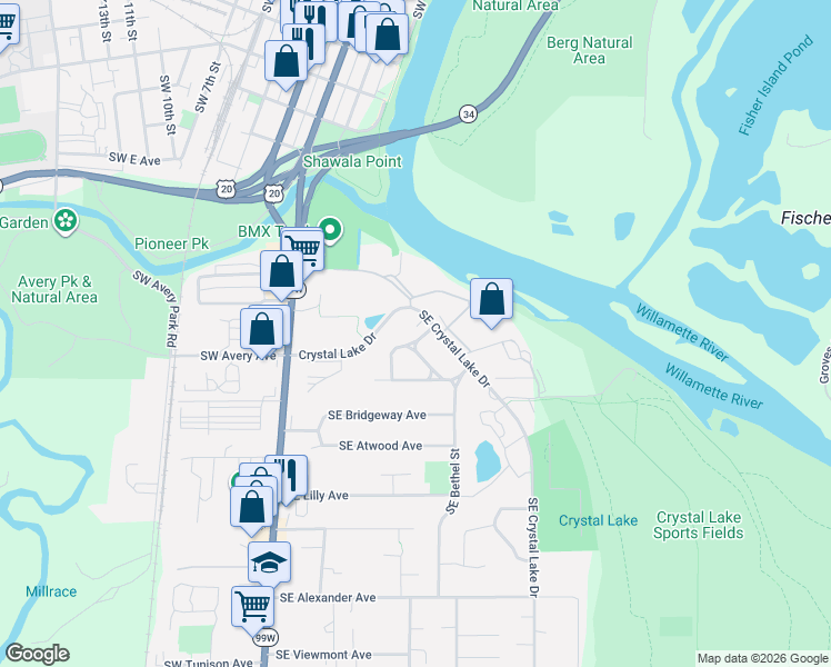 map of restaurants, bars, coffee shops, grocery stores, and more near 1235 Southeast Crystal Lake Drive in Corvallis