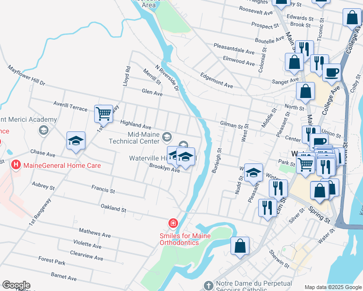 map of restaurants, bars, coffee shops, grocery stores, and more near 1 Brooklyn Avenue in Waterville