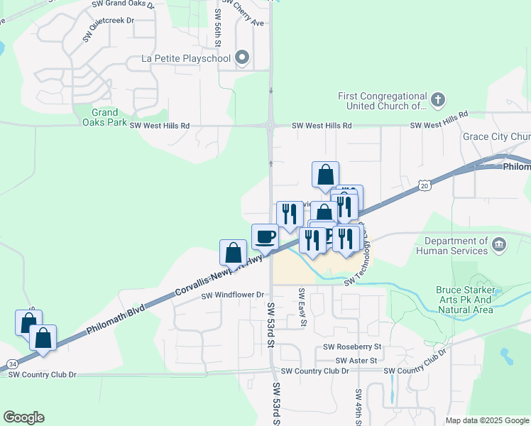 map of restaurants, bars, coffee shops, grocery stores, and more near 5415 Southwest Helen Avenue in Corvallis