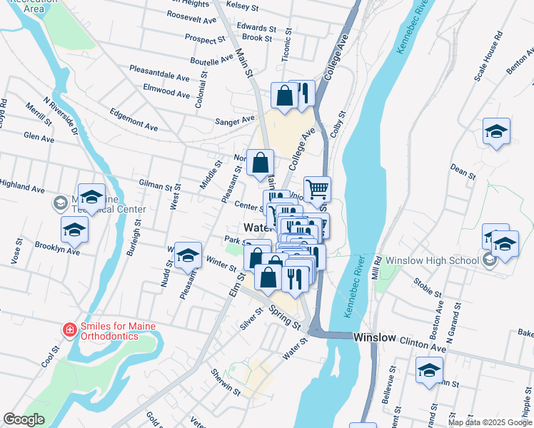 map of restaurants, bars, coffee shops, grocery stores, and more near in Waterville