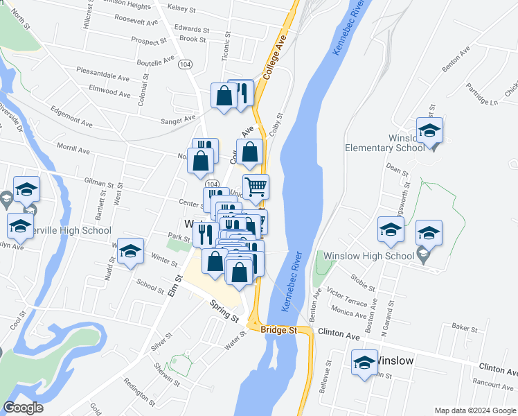 map of restaurants, bars, coffee shops, grocery stores, and more near 3 Union Street in Waterville