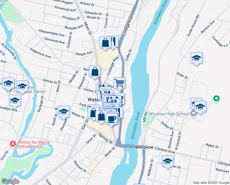 map of restaurants, bars, coffee shops, grocery stores, and more near 14 Union Street in Waterville