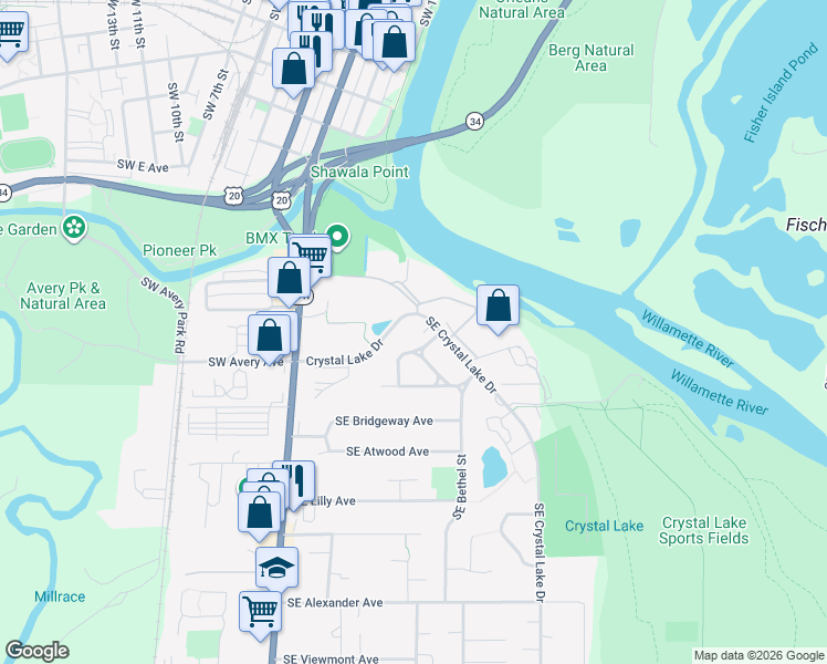 map of restaurants, bars, coffee shops, grocery stores, and more near 1210 Southeast Crystal Lake Drive in Corvallis