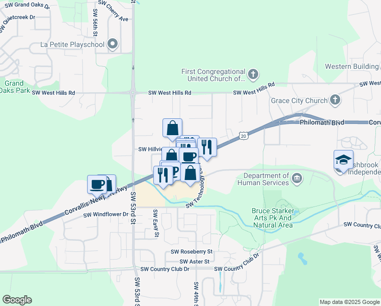 map of restaurants, bars, coffee shops, grocery stores, and more near 4935 Philomath Boulevard in Corvallis
