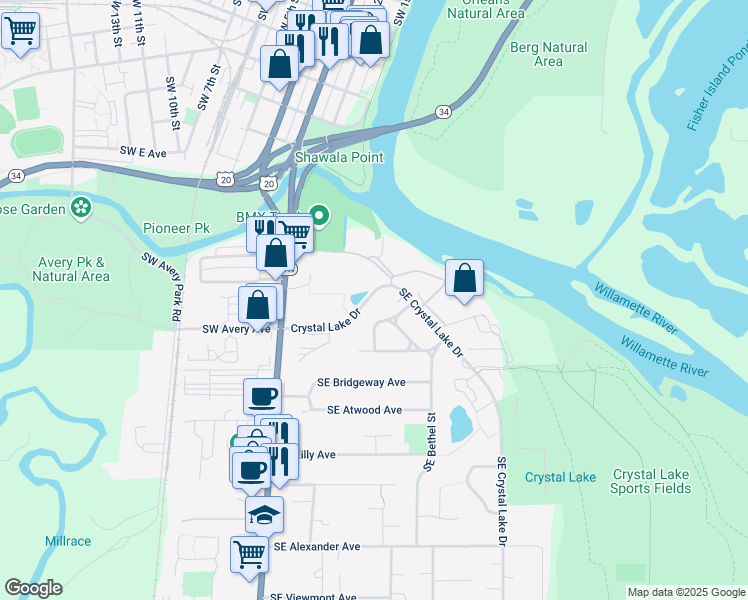 map of restaurants, bars, coffee shops, grocery stores, and more near 640 Crystal Lake Drive in Corvallis