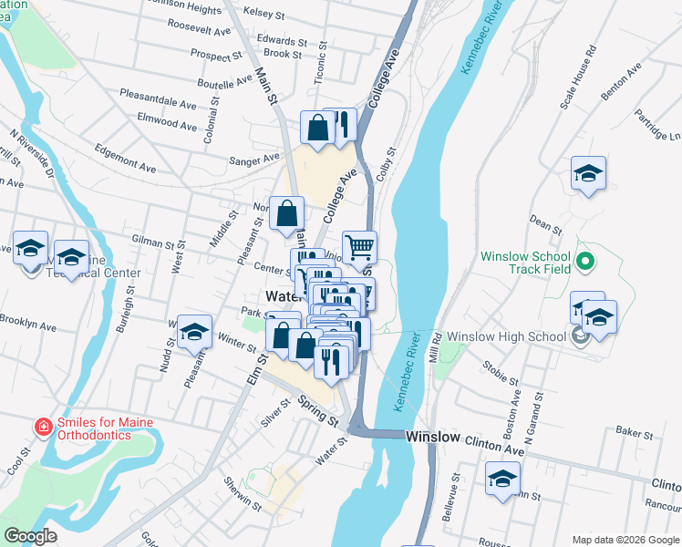 map of restaurants, bars, coffee shops, grocery stores, and more near 14 Union Street in Waterville