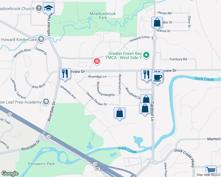 map of restaurants, bars, coffee shops, grocery stores, and more near 2763 Friendly Circle in Green Bay