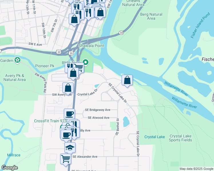 map of restaurants, bars, coffee shops, grocery stores, and more near 1200 Southeast Crystal Lake Drive in Corvallis