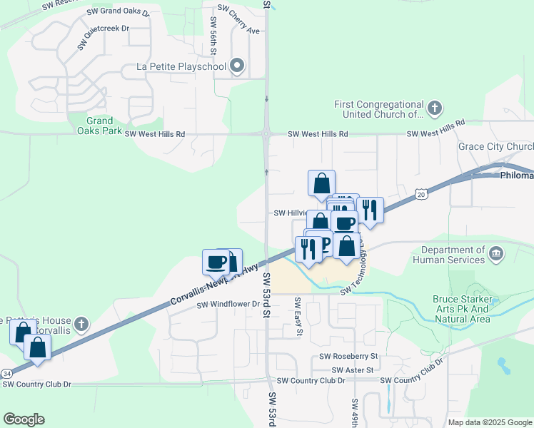map of restaurants, bars, coffee shops, grocery stores, and more near 1206 Southwest 53rd Street in Corvallis