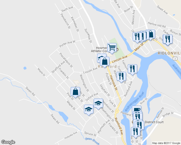 map of restaurants, bars, coffee shops, grocery stores, and more near 135 Lincoln Ave in Rumford