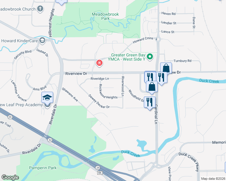 map of restaurants, bars, coffee shops, grocery stores, and more near 2763 Friendly Circle in Green Bay