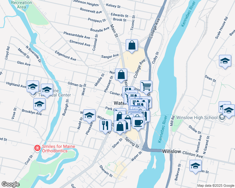 map of restaurants, bars, coffee shops, grocery stores, and more near 9 Center Street in Waterville