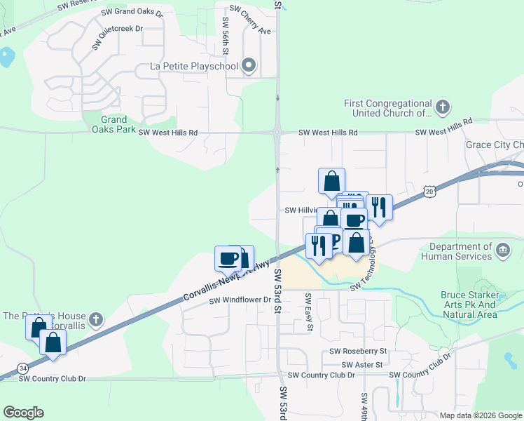 map of restaurants, bars, coffee shops, grocery stores, and more near 1200 Southwest 53rd Street in Corvallis