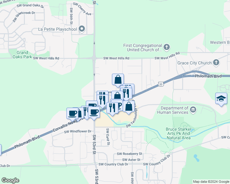 map of restaurants, bars, coffee shops, grocery stores, and more near 5155 Southwest Hillview Avenue in Corvallis