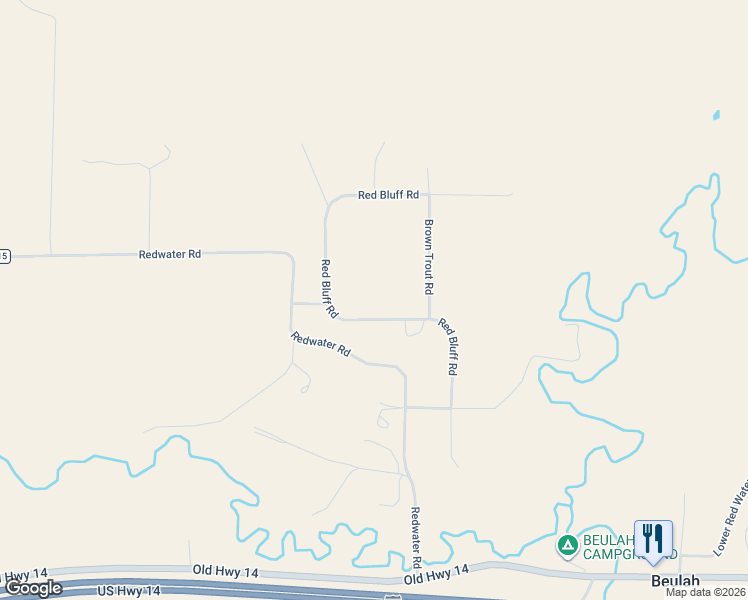 map of restaurants, bars, coffee shops, grocery stores, and more near Red Bluff Road in Beulah