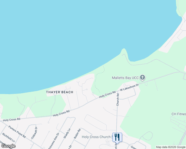 map of restaurants, bars, coffee shops, grocery stores, and more near 304 Thayer Bay Road in Colchester