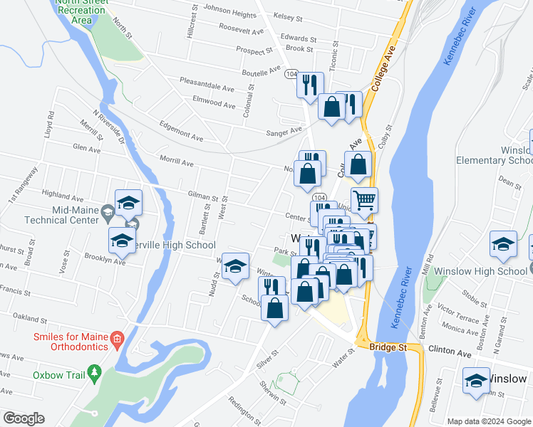 map of restaurants, bars, coffee shops, grocery stores, and more near 60 Pleasant Street in Waterville
