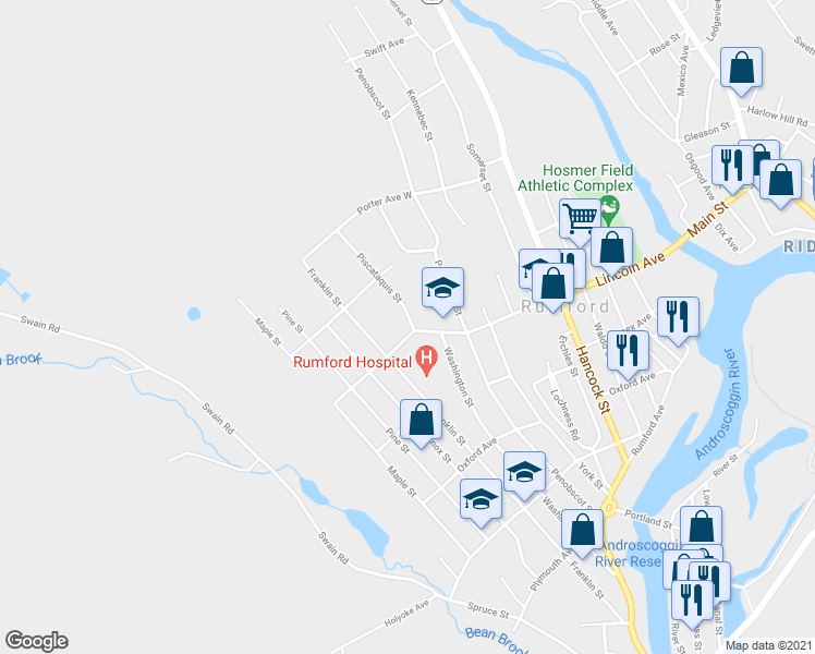 map of restaurants, bars, coffee shops, grocery stores, and more near 200 Lincoln Avenue in Rumford