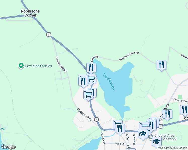 map of restaurants, bars, coffee shops, grocery stores, and more near 4148 Nova Scotia Trunk 3 in Chester