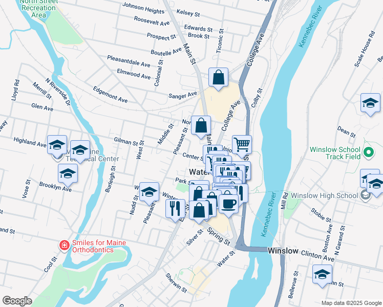 map of restaurants, bars, coffee shops, grocery stores, and more near 9 Center Street in Waterville