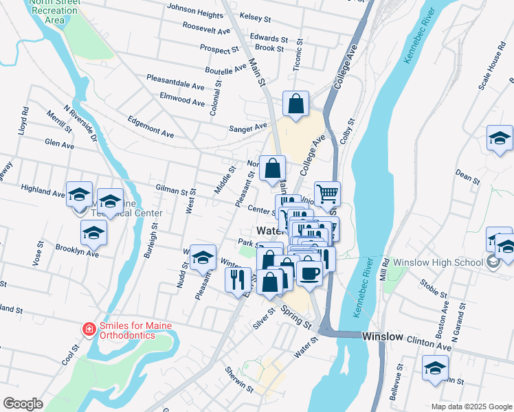 map of restaurants, bars, coffee shops, grocery stores, and more near 9 Center Street in Waterville