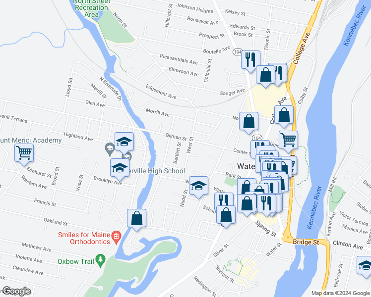 map of restaurants, bars, coffee shops, grocery stores, and more near 14 West Street in Waterville