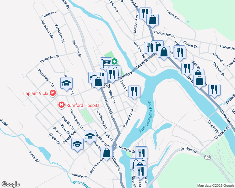 map of restaurants, bars, coffee shops, grocery stores, and more near 65 Essex Avenue in Rumford