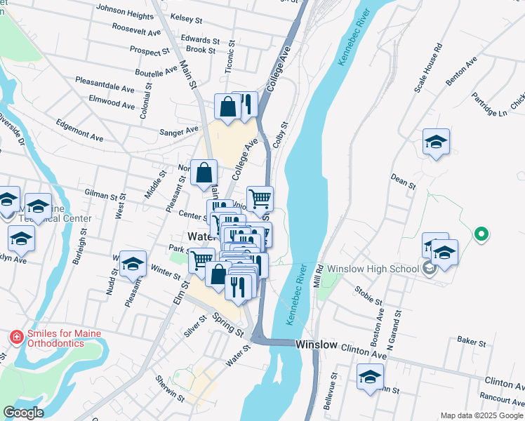 map of restaurants, bars, coffee shops, grocery stores, and more near 3 Union Street in Waterville