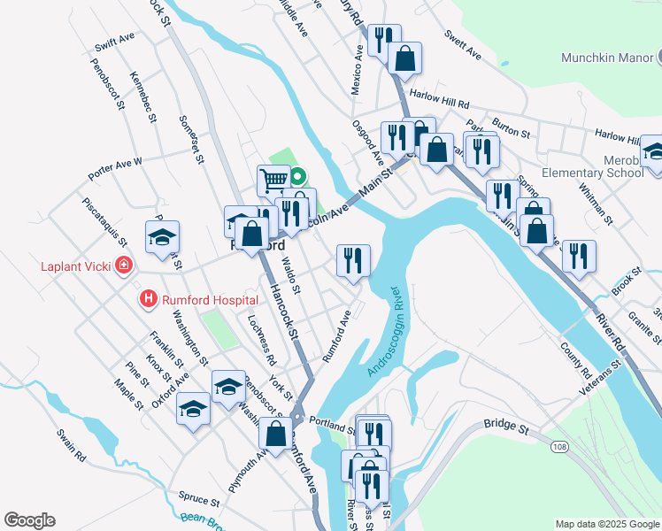 map of restaurants, bars, coffee shops, grocery stores, and more near 65 Essex Avenue in Rumford