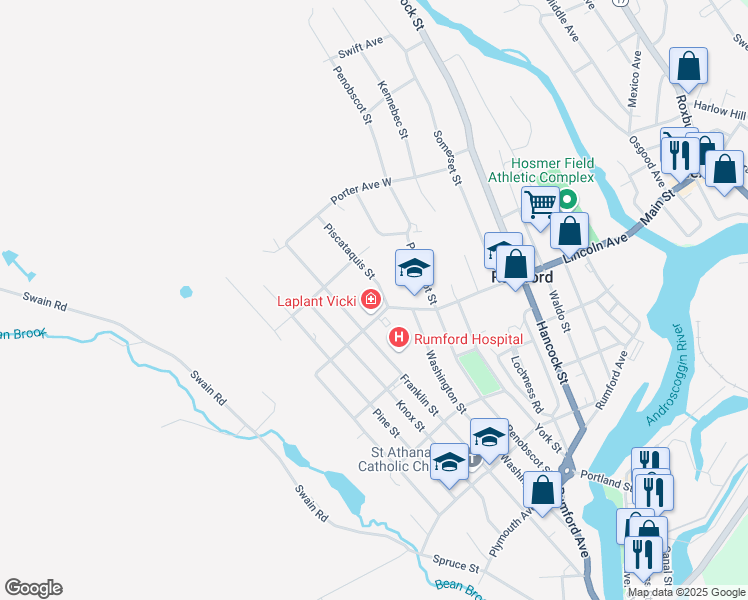 map of restaurants, bars, coffee shops, grocery stores, and more near 200 Lincoln Avenue in Rumford