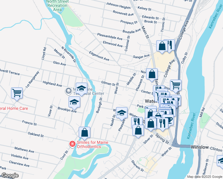 map of restaurants, bars, coffee shops, grocery stores, and more near 14 West Street in Waterville