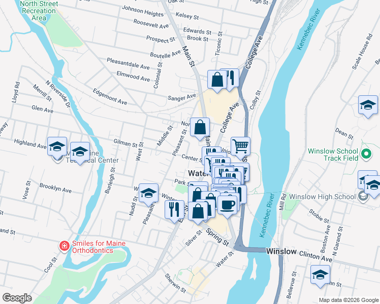 map of restaurants, bars, coffee shops, grocery stores, and more near 9 Center Street in Waterville