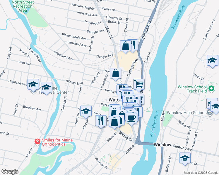 map of restaurants, bars, coffee shops, grocery stores, and more near 9 Center Street in Waterville