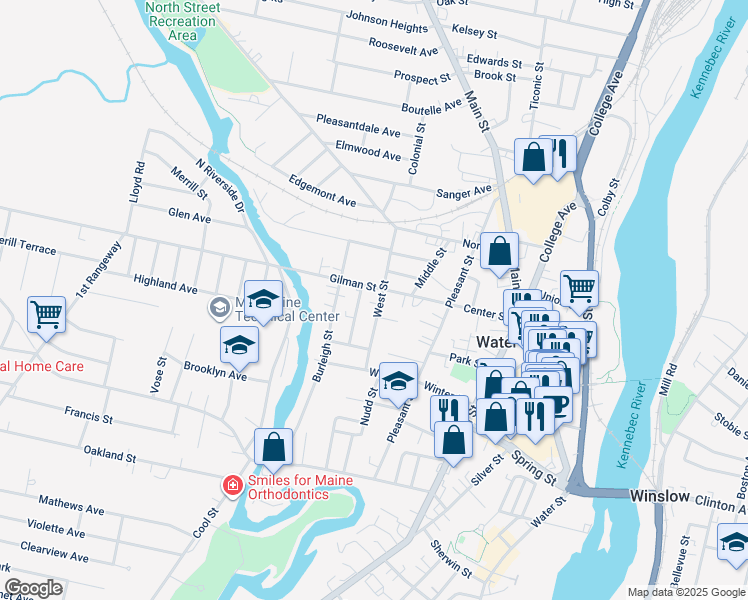 map of restaurants, bars, coffee shops, grocery stores, and more near 14 West Street in Waterville