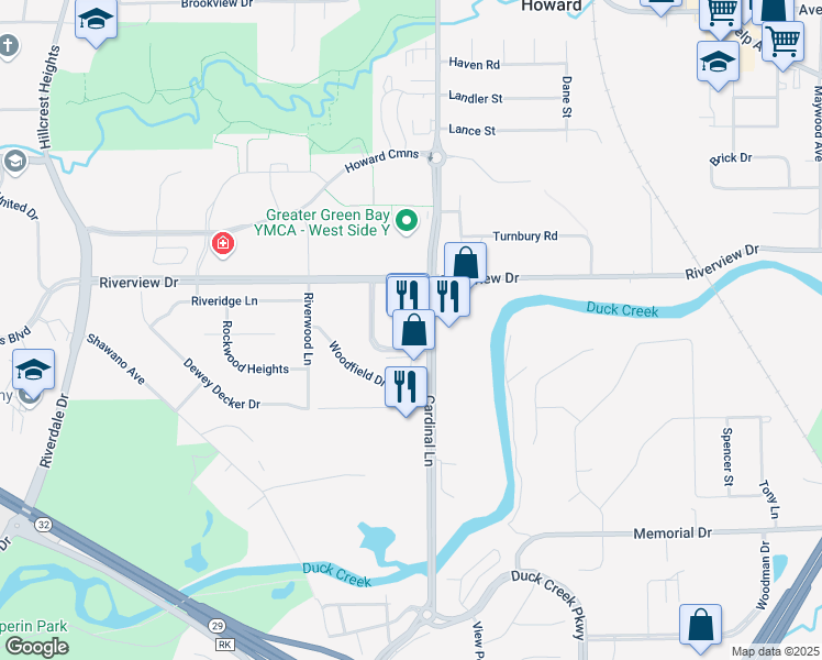 map of restaurants, bars, coffee shops, grocery stores, and more near 445 Cardinal Lane in Green Bay