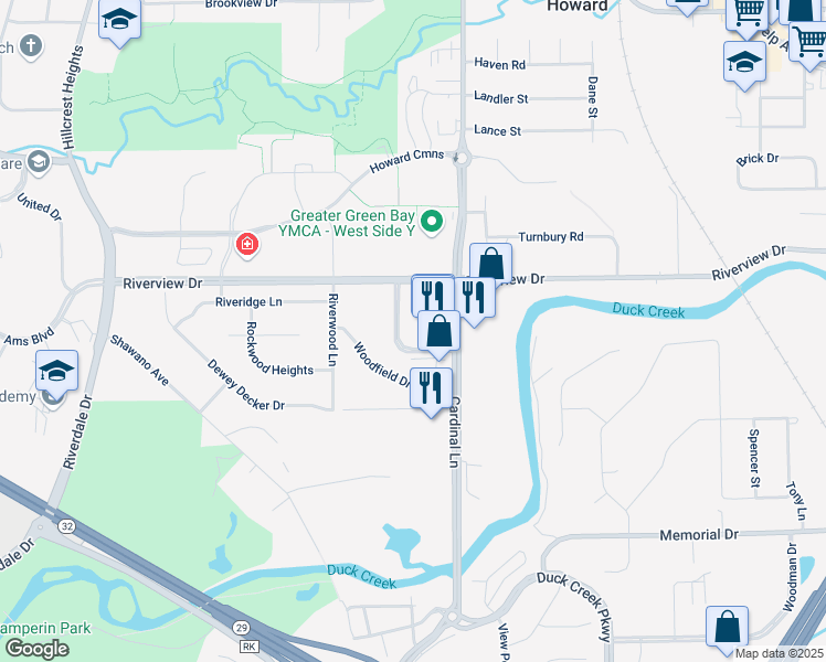 map of restaurants, bars, coffee shops, grocery stores, and more near 445 Cardinal Lane in Green Bay