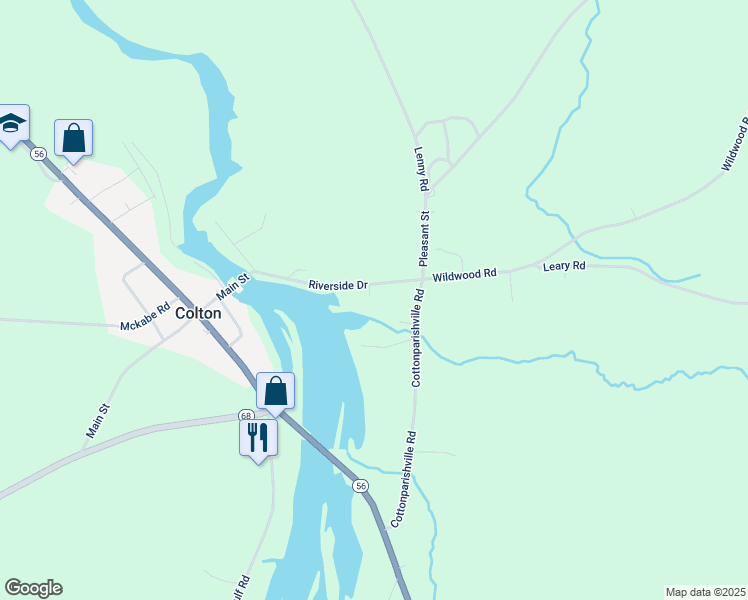 map of restaurants, bars, coffee shops, grocery stores, and more near 23 Riverside Drive in Colton